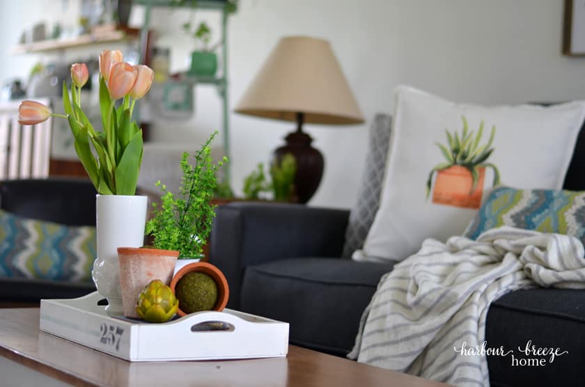 Spring coffee table decor - a white tray filled with a vase of peach tulips, a fresh plant with bright greenery, and clay pots.