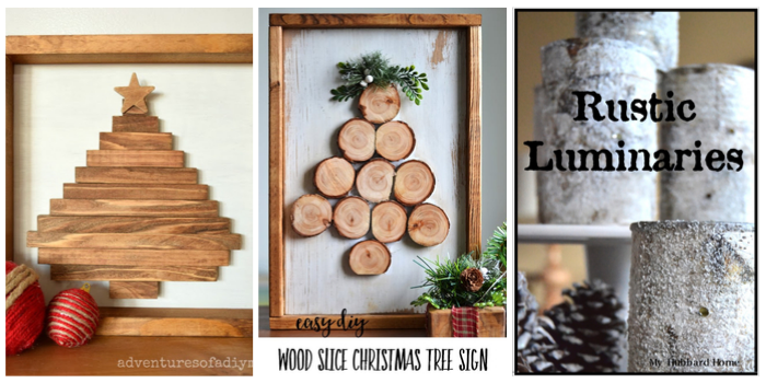 Best DIY Holiday Ideas Crafts - Wood Christmas Tree Signs and rustic luminaries