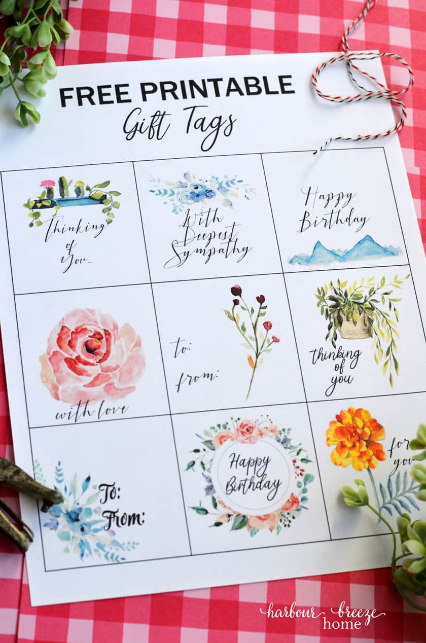 Free printable gift tag sheet with 9 different designs, including the sentiments "With Deepest Sympathy", "Happy Birthday", "to and from", "Thinking of You", and "With Love".