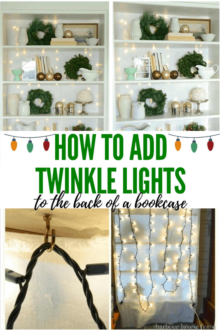 Traditional Christmas Bookcase Decor with Twinkle light backdrop