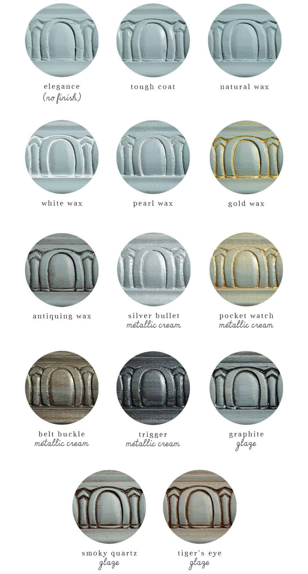 color guide of blue paint with different colors of glaze and wax finishes over it