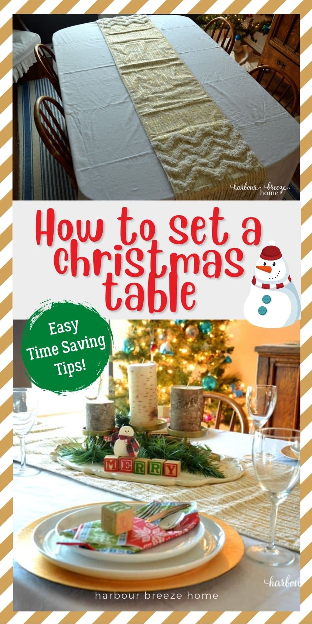 A simple Christmas tablescape with gold fabric runner, candle and snowman centerpiece, and layered place setting with gold chargers, white plates, and a paper napkin with a Christmas sweater print folded like a pocket.