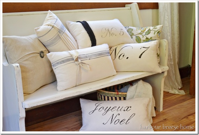 handpainted pillows made out of flour sack towels!