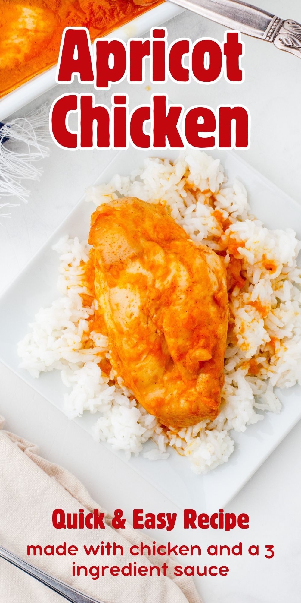 A piece of apricot chicken on a bed of rice on a plate.