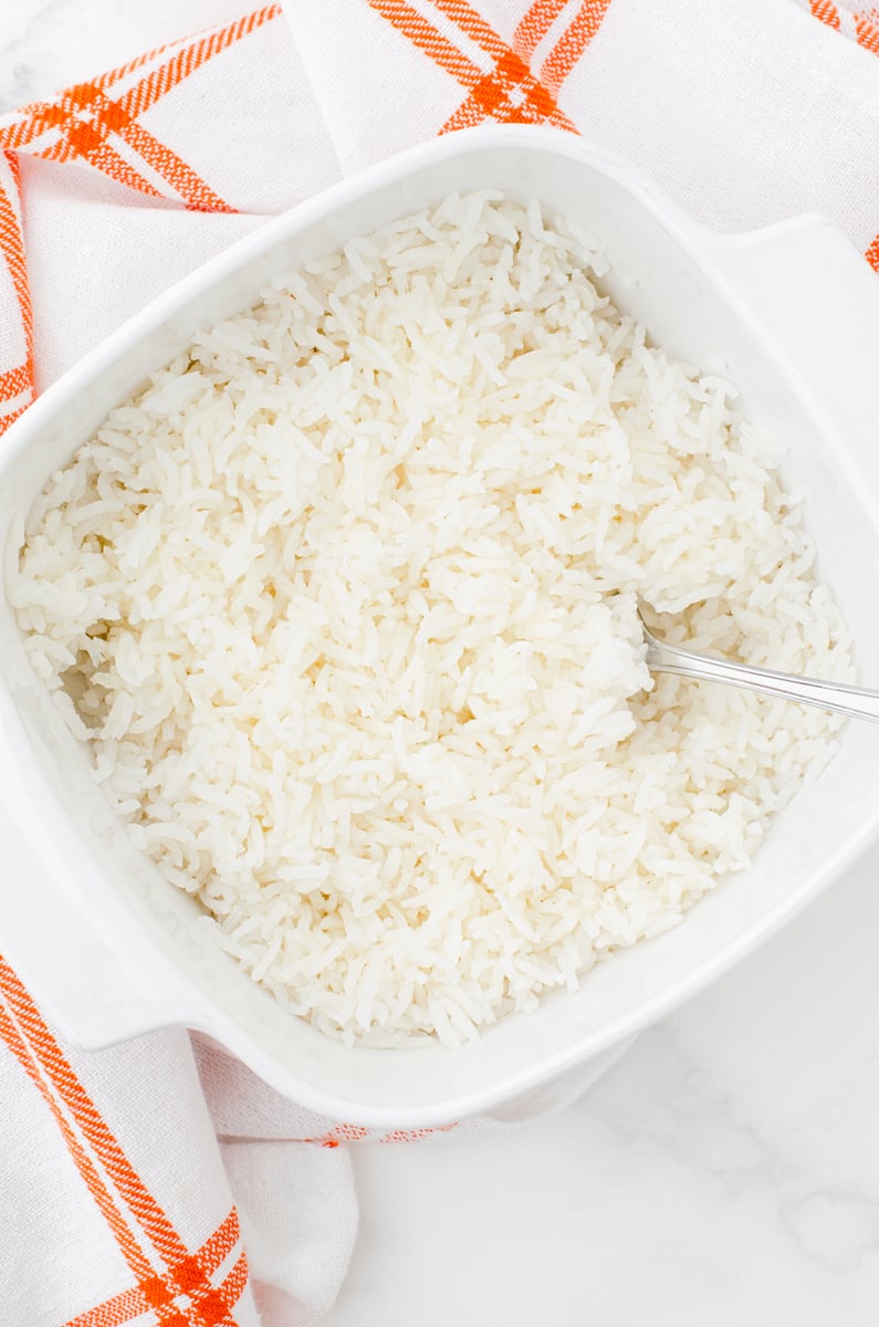 Casserole dish of baked rice.