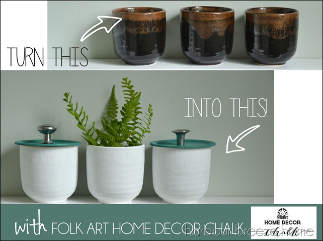 Dark brown handleless mugs are turned into white containers using chalk paint.