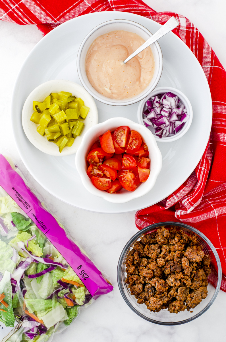 Ingredients for the healthy big mac salad recipe.