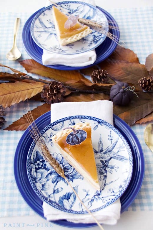pumpkin pie served on blue plates