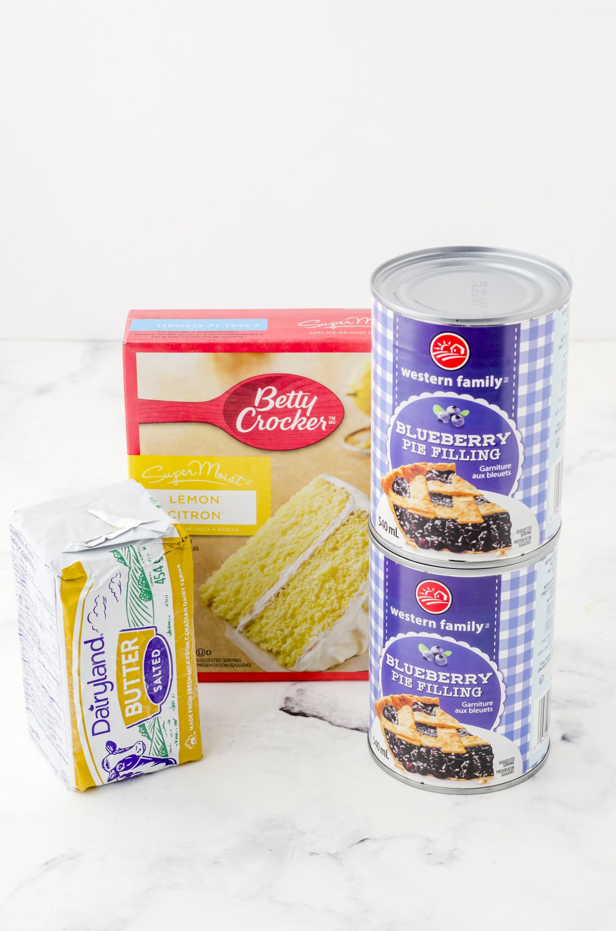 Ingredients for lemon blueberry dump cake.