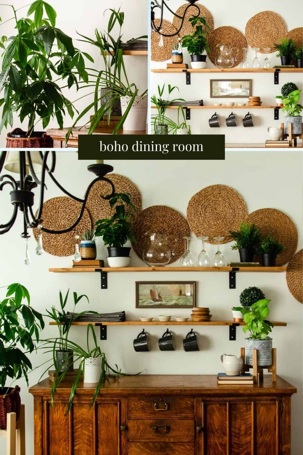 boho dining room decor on shelves above a buffet