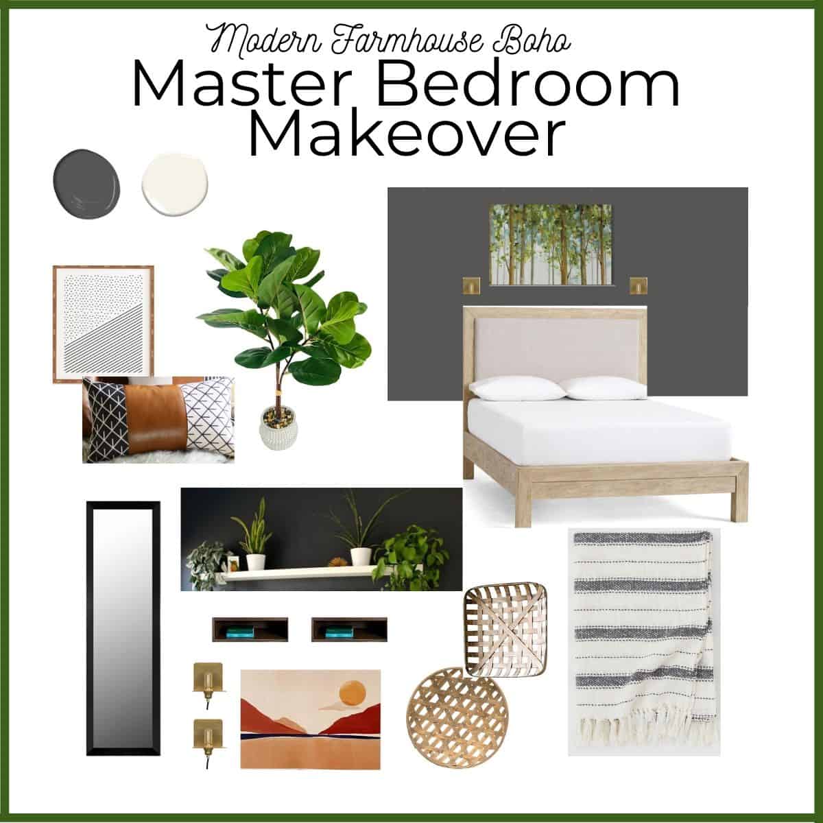 Mood board of a modern farmhouse boho style master bedroom makeover