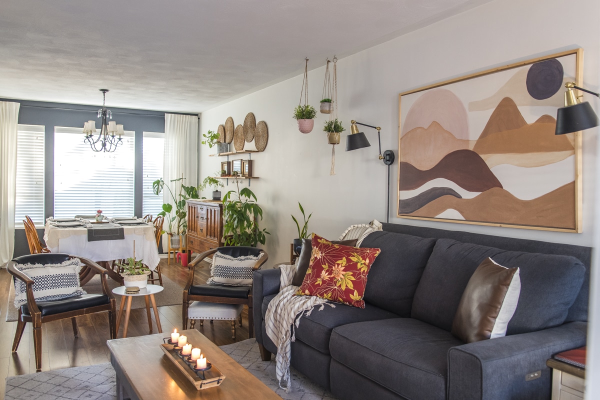 living and dining room with boho fall decor