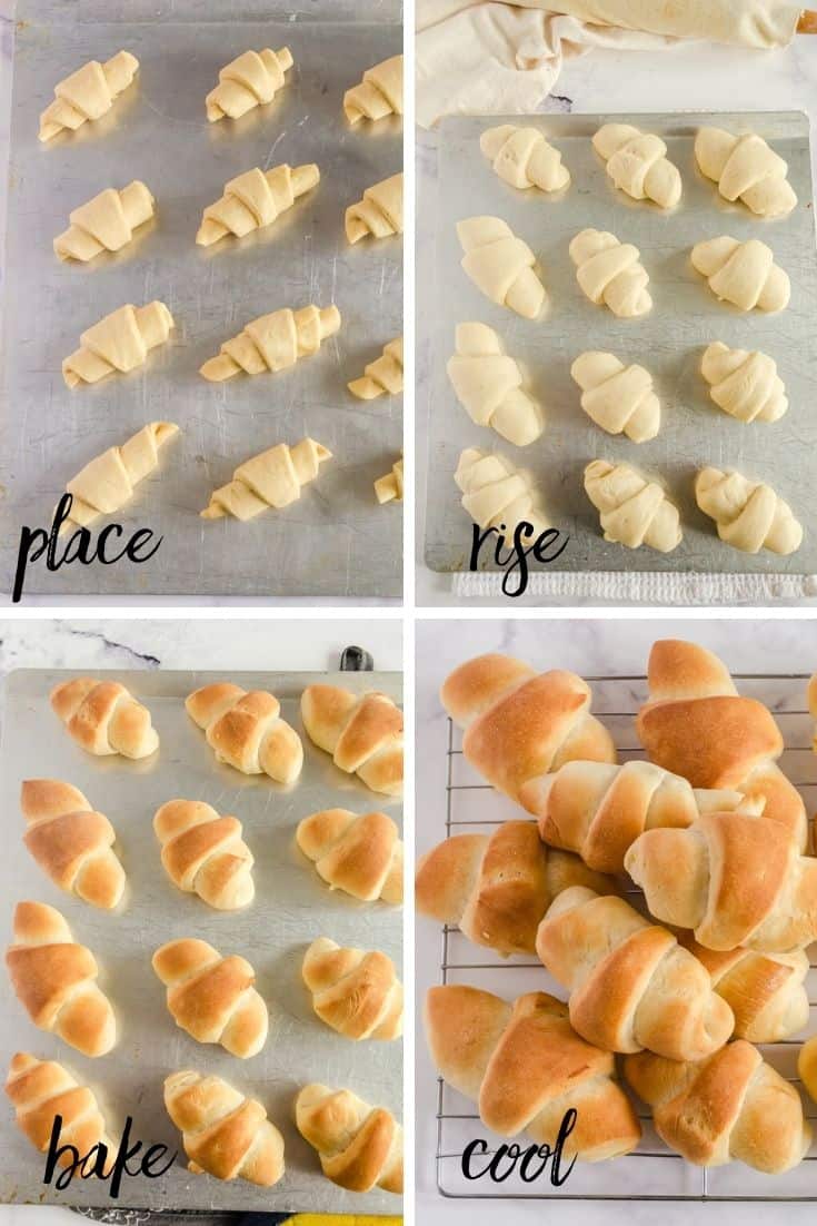 Collage of the last 4 steps of making homemade dinner rolls with bread machine dough - place buns on pan, let rise, bake, and cool on wire rack.