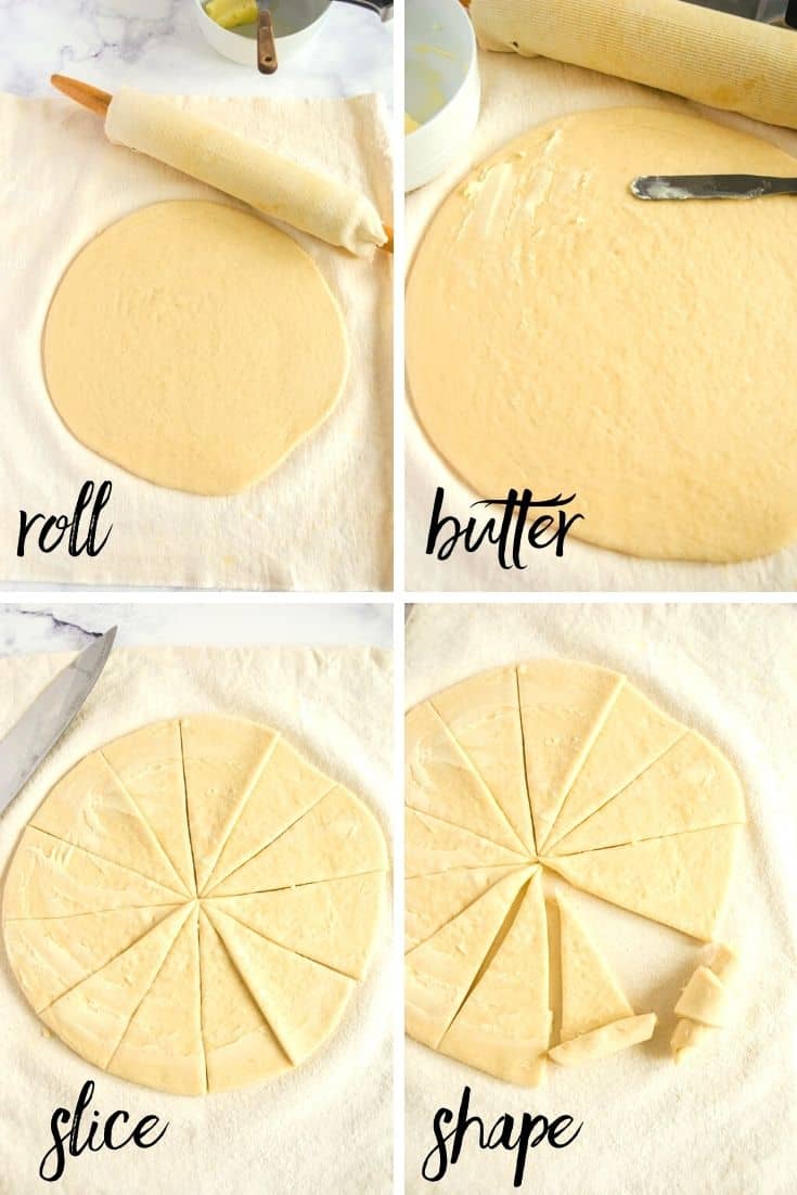 Collage of the steps of how to make crescent shaped dinner rolls using bread machine dough. Steps 2-4 - roll, butter, slice, and shape.