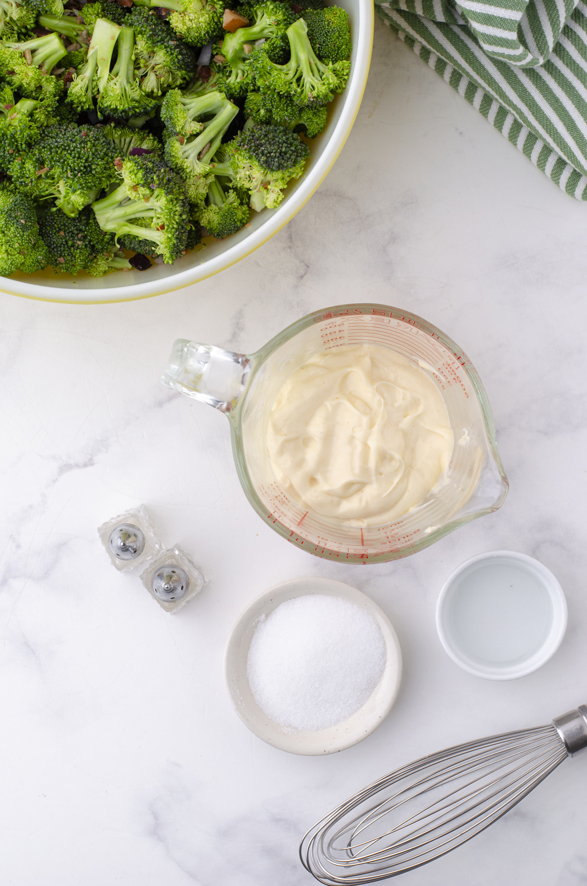 Ingredients for the dressing for broccoli salad with miracle whip dressing.