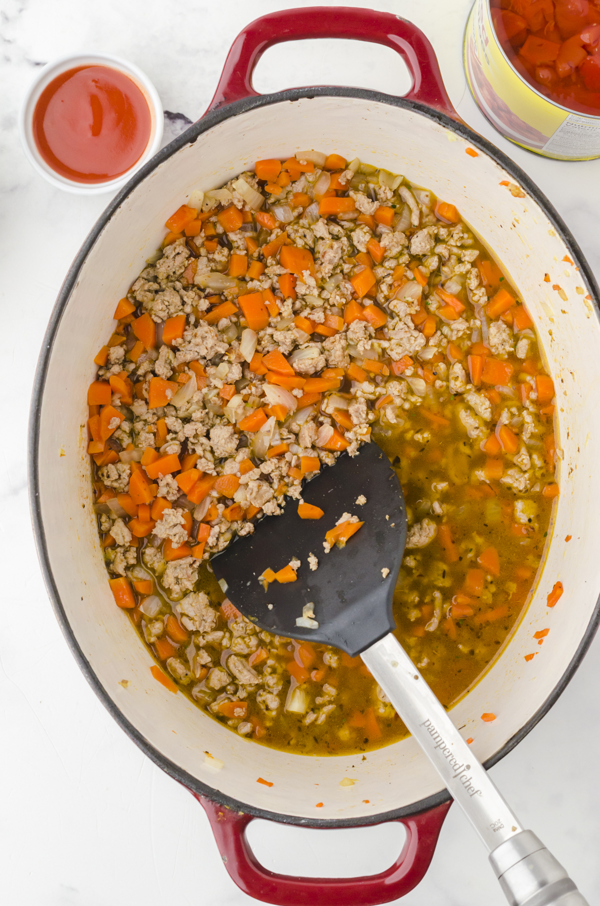 Chicken stock added to the sauted vegetables for step 2 of buffalo chicken chili recipe