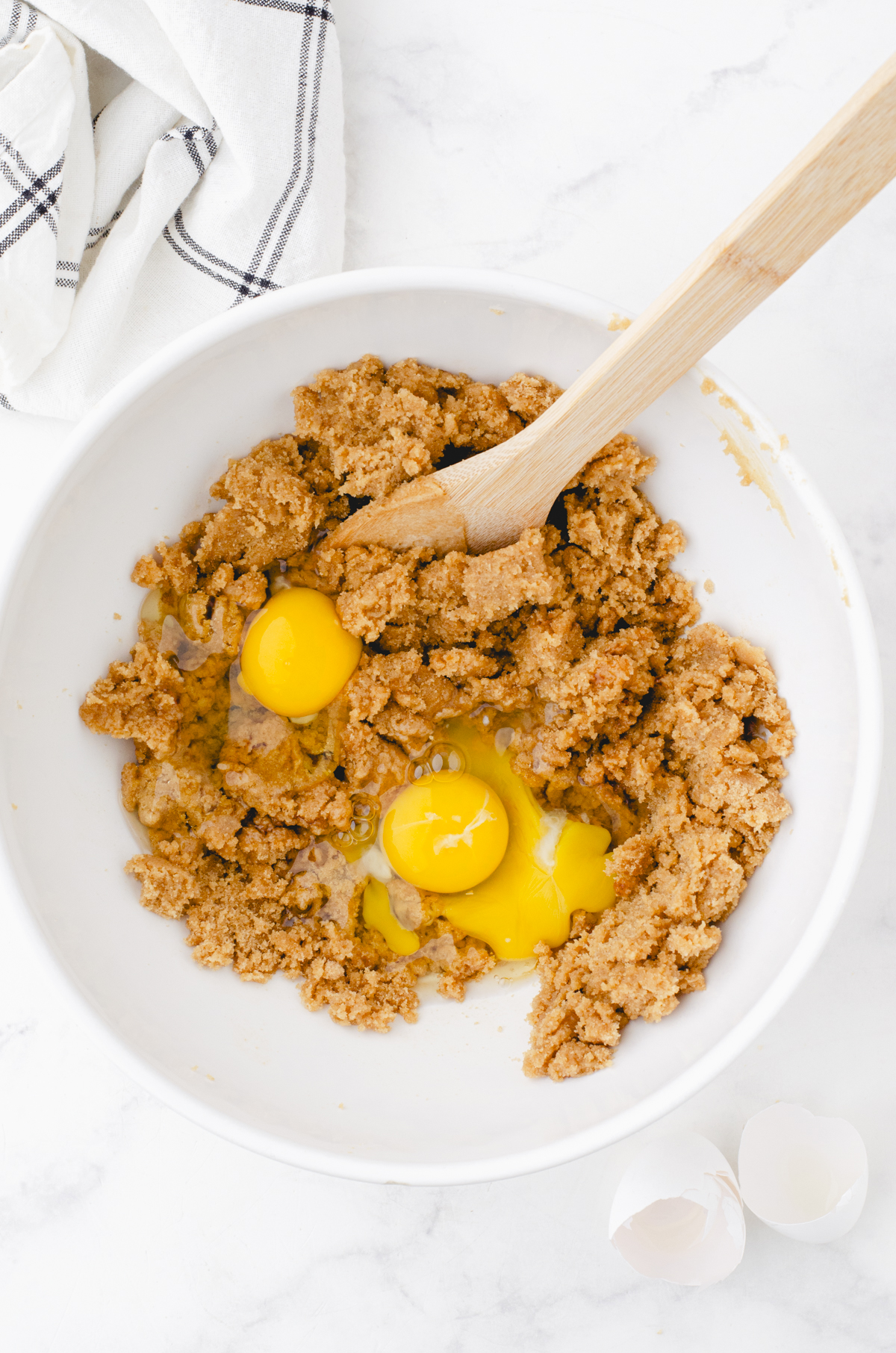 Eggs added to the brown sugar and butter mixture for butterscotch brownies recipe
