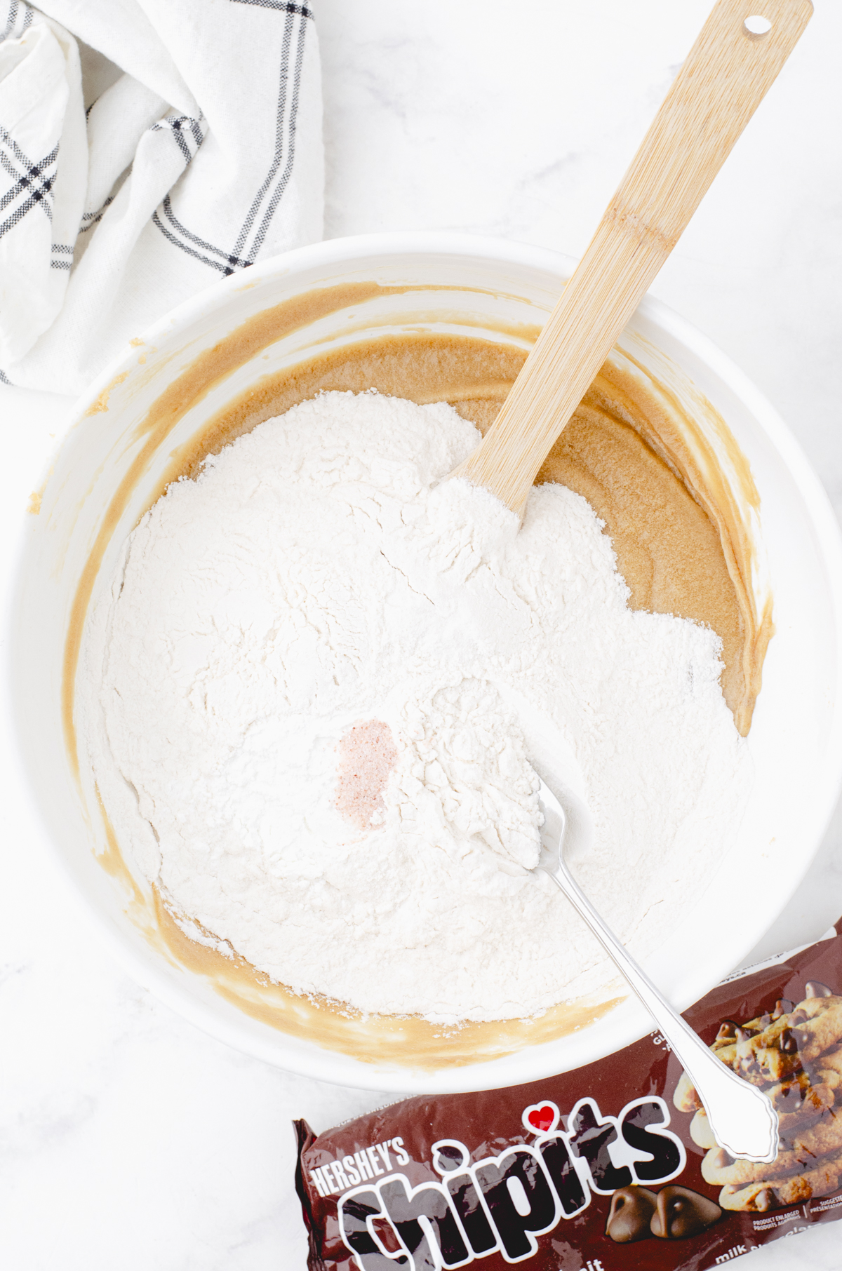 Dry ingredients on top of the butterscotch brownie mixture