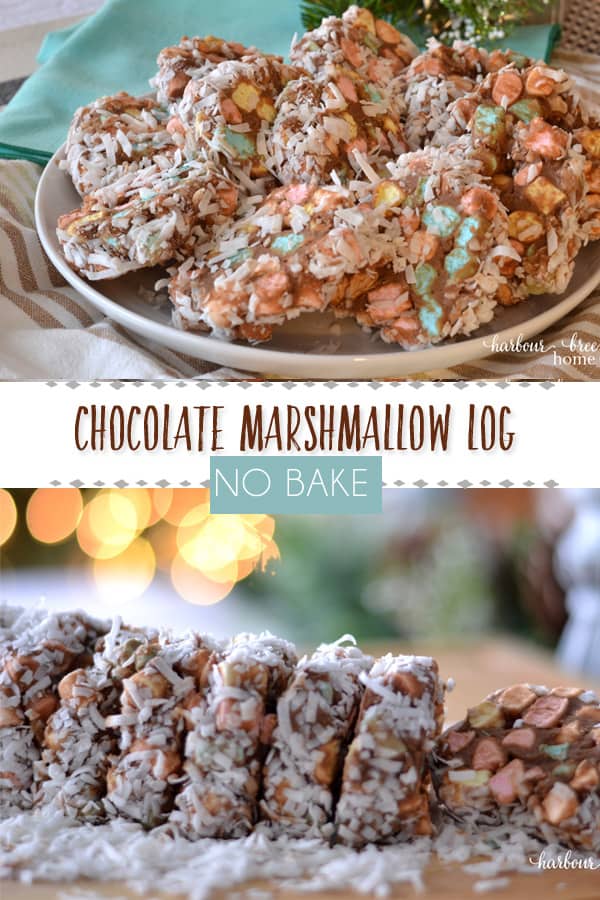 Chocolate Marshmallow Log - Church Window Cookies | This no bake chocolate marshmallow log is an easy no bake holiday treat. Covered in coconut, it is a festive and fun addition to a holiday party or gift. #christmasrecipe #christmasbaking #nobake