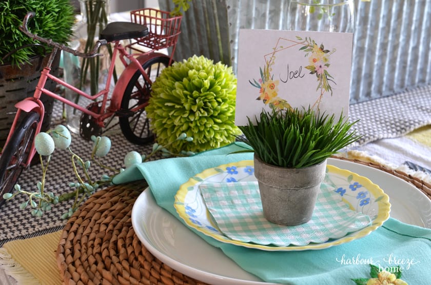 A handwritten place card with the name "Joel" tucked into a faux grass mini potted plant on top of a plate.
