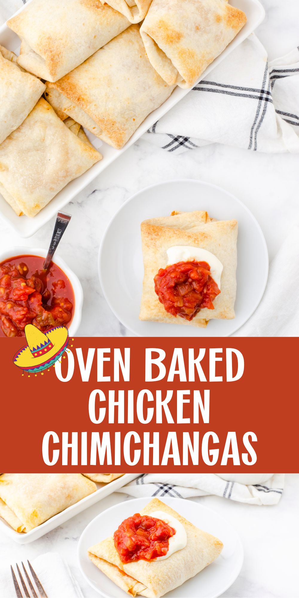 a collage of baked chicken chimicangas recipe pictures.