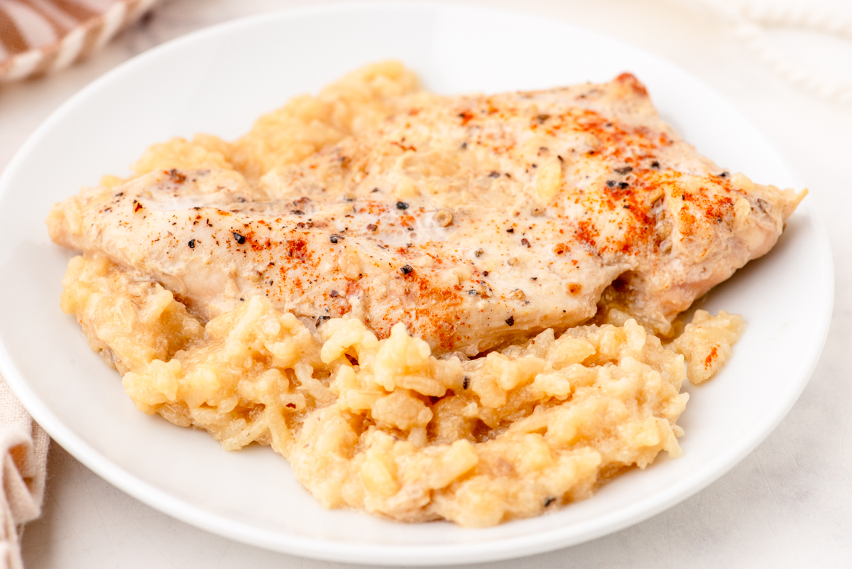 A serving of chicken rice pilaf on a plate.