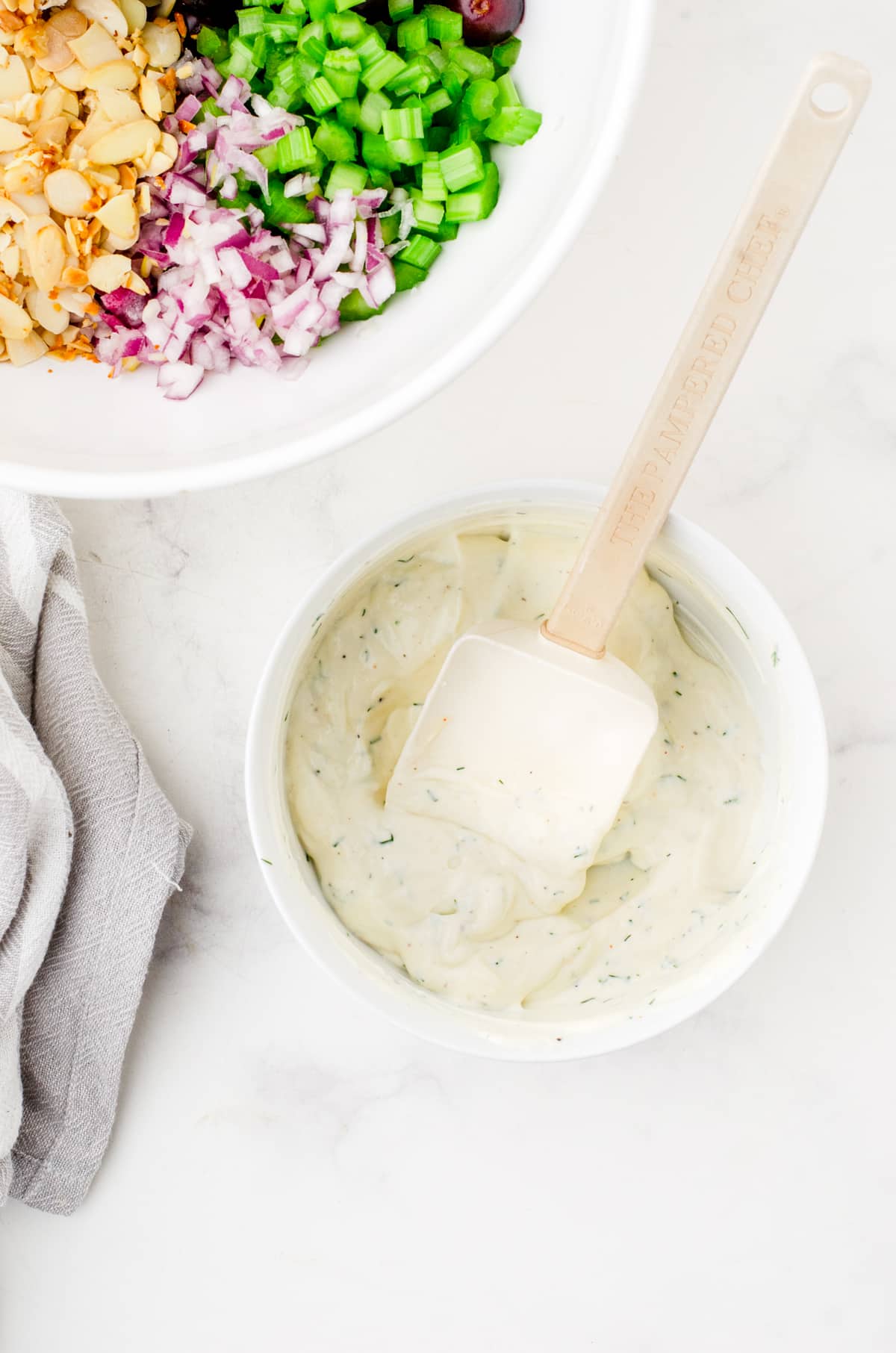Chicken salad dressing mixed together in a bowl