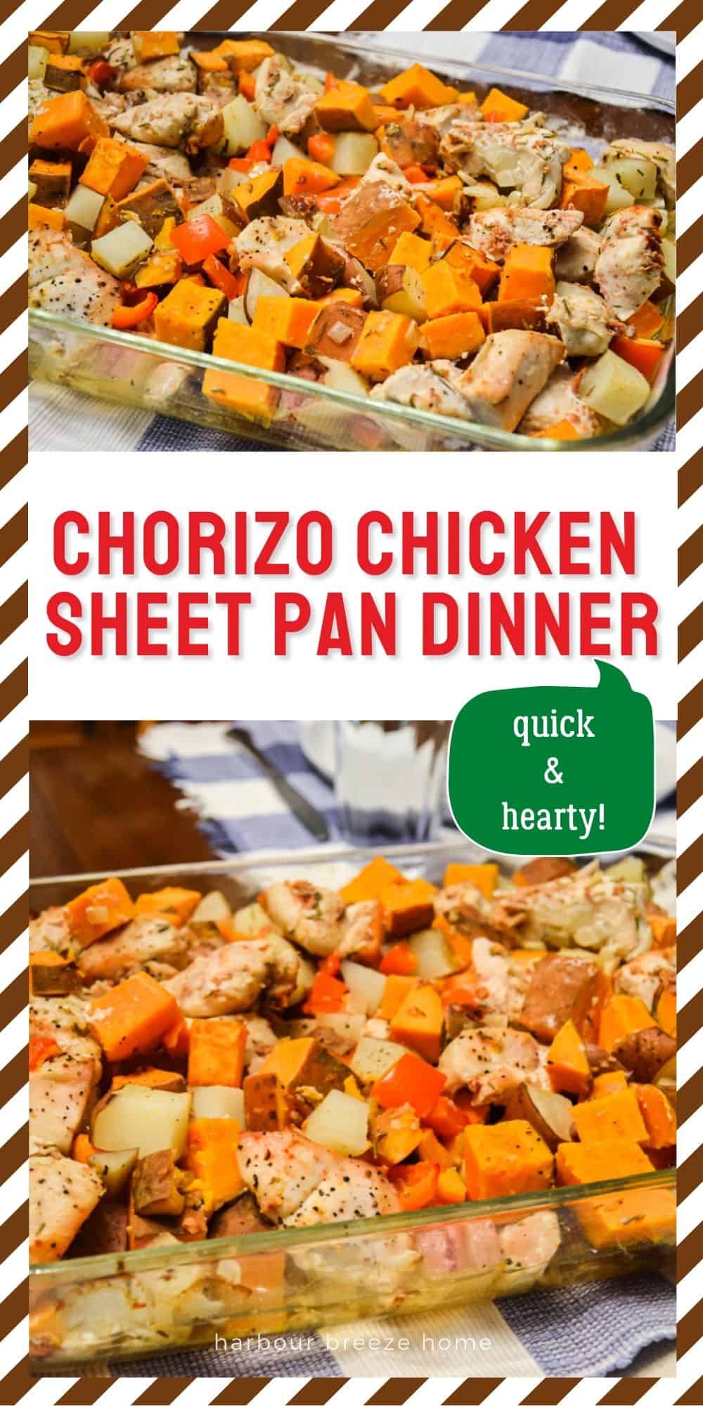 Chorizo Chicken Sheet Pan Dinner in a pan sitting on a table