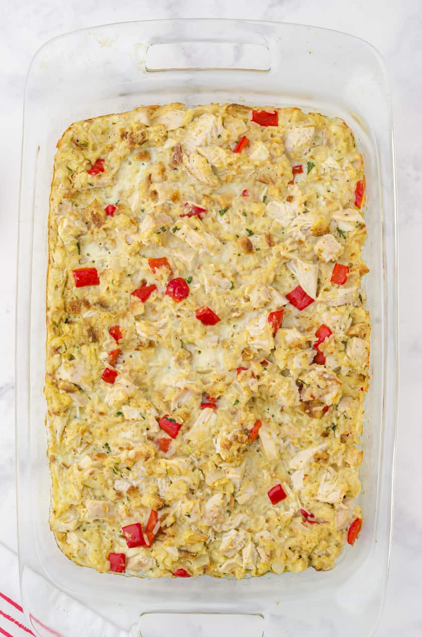 9x13 pan of chicken and stuffing casserole with rice