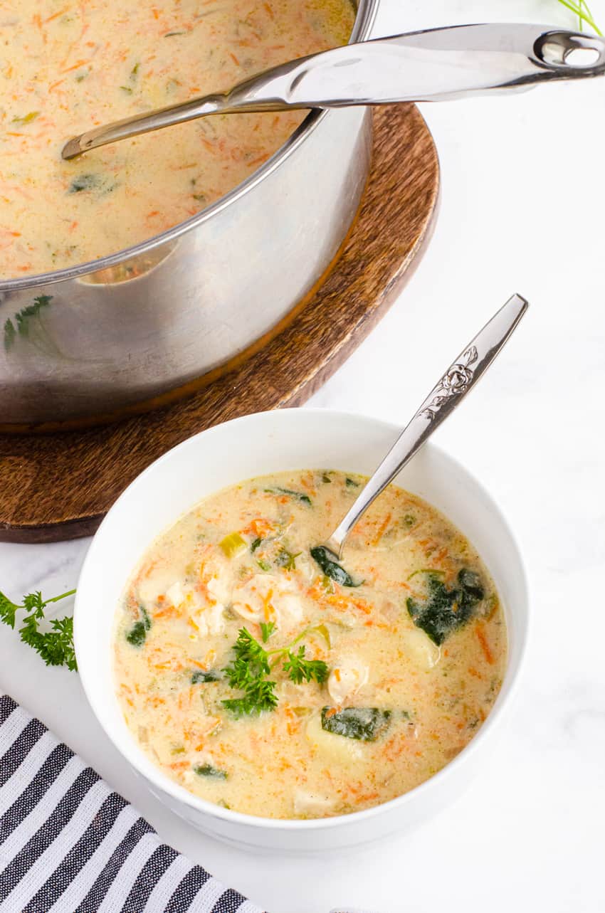 Bowl of chicken gnocchi soup.