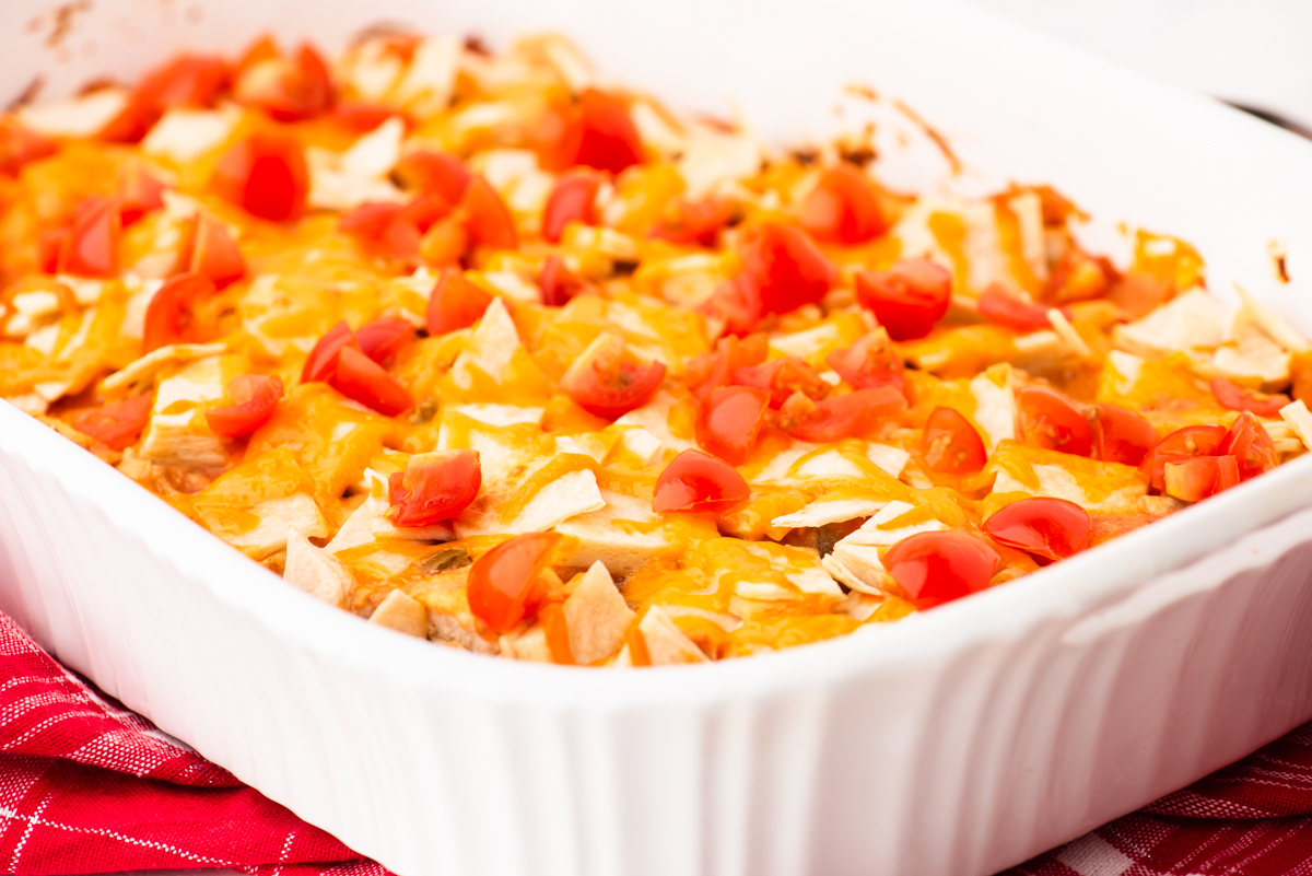 Mexican Chicken Casserole baked in a 9 x 13 inch pan.