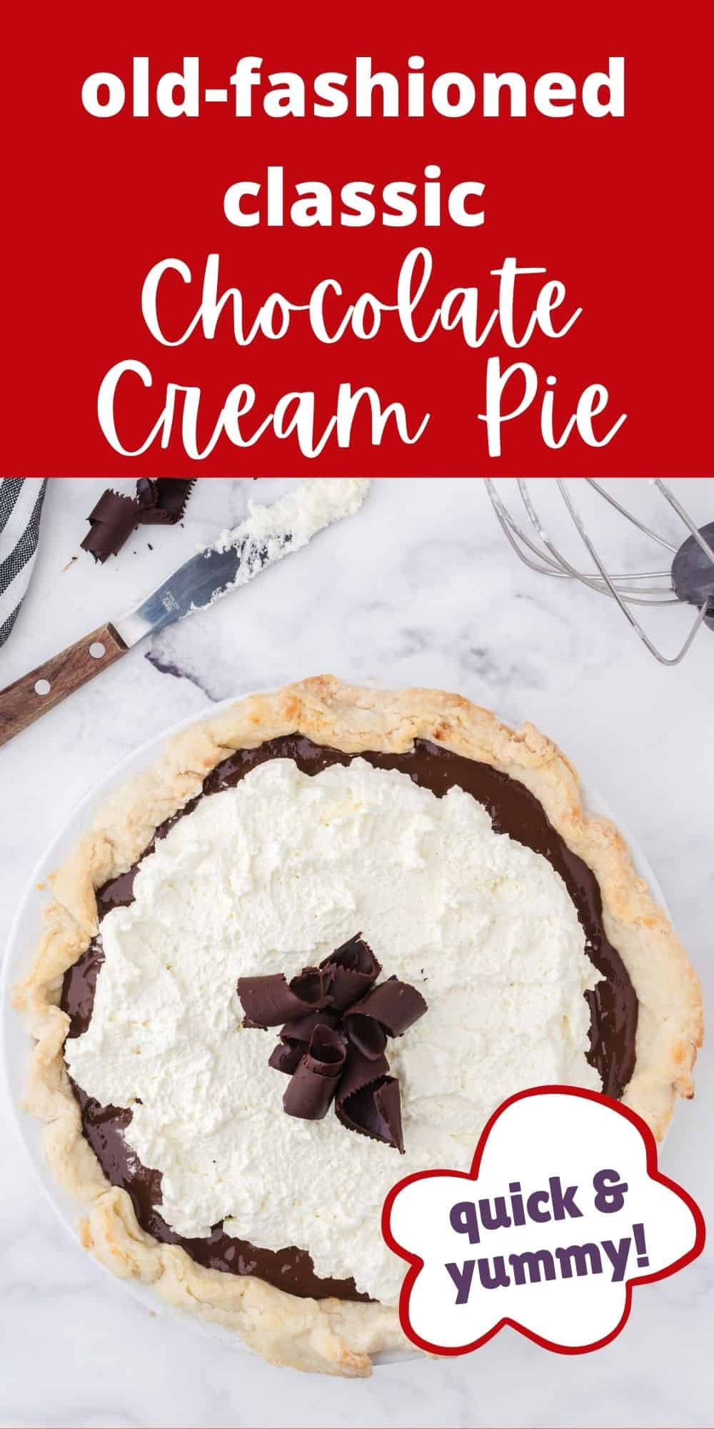 Chocolate cream pie in a pie shell with chocolate ribbons on the top