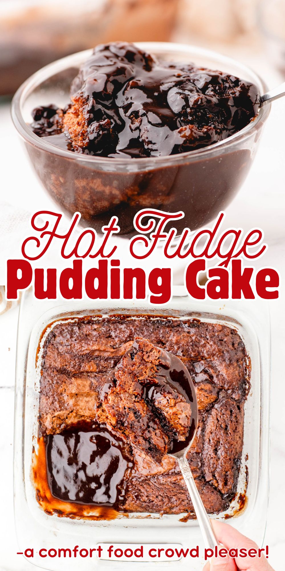 A collage of chocolate pudding cake - in a pan and in a dessert dish.