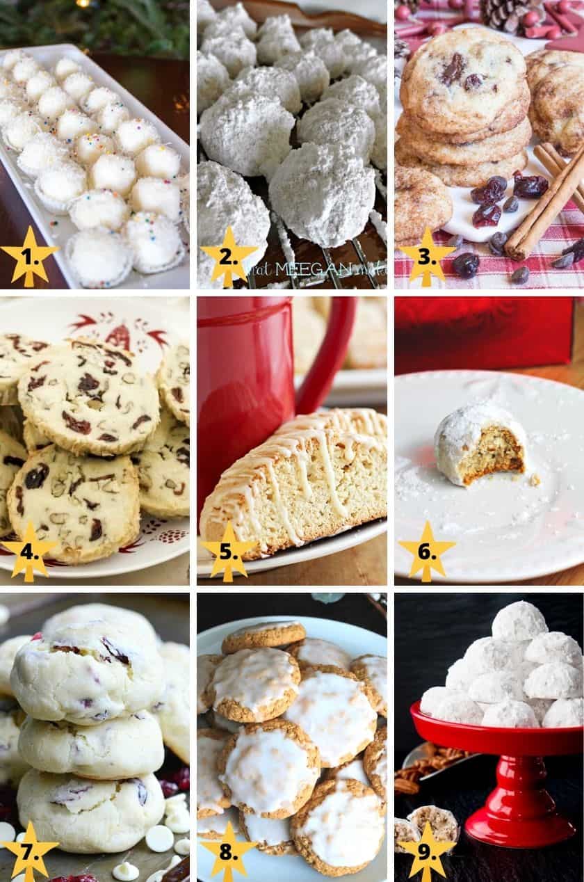 White Christmas cookies like snowball cookies and white chocolate cranberry cookies.
