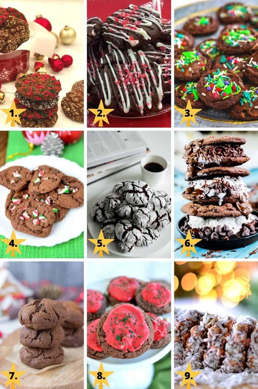 Pictures of 9 different types of chocolate Christmas cookies