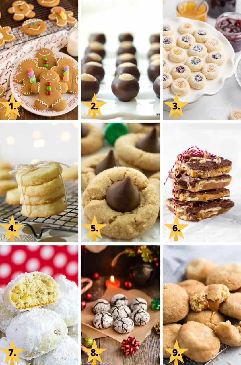 Pictures of the 9 top classic Christmas cookies - gingerbread cookies, buckeyes, thumbprint jam cookies, shortbread, peanut butter blossoms, Christmas crack, snowballs, chocolate crinkles, & snickerdoodles.