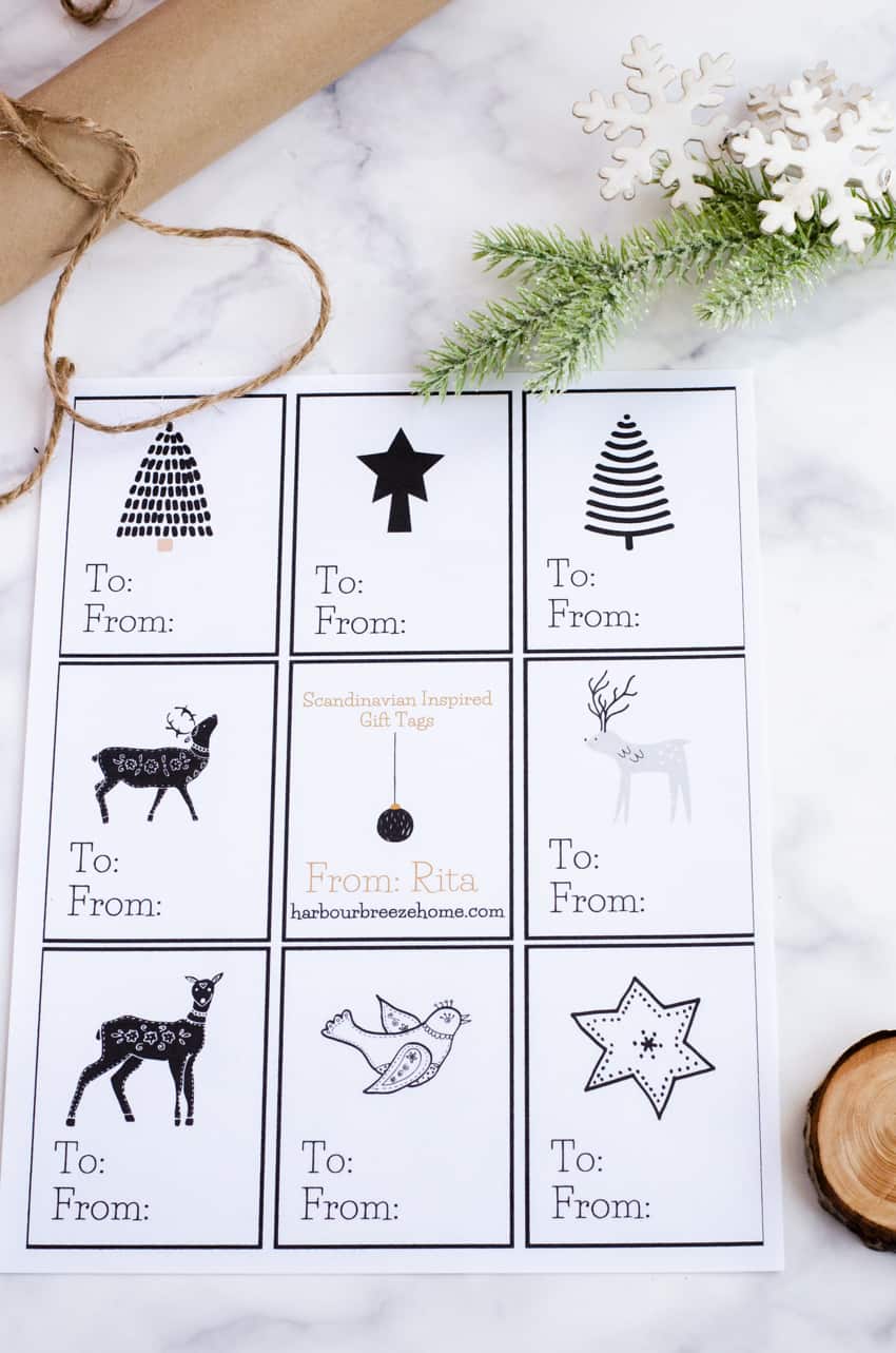 Scandinavian style printable Christmas gift tags in black, white, and gold.