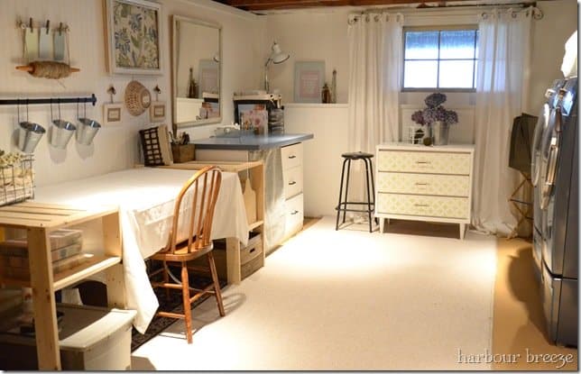 craft supplies organized in a basement craft and laundry room