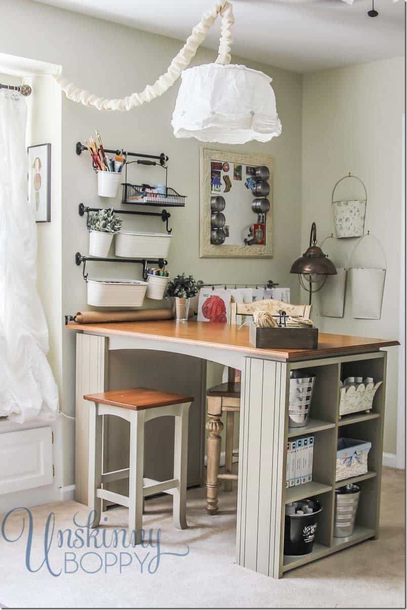 a custom crafting desk with craft supply storage built in