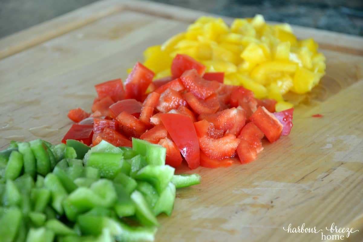 Diced peppers on a cutting board
