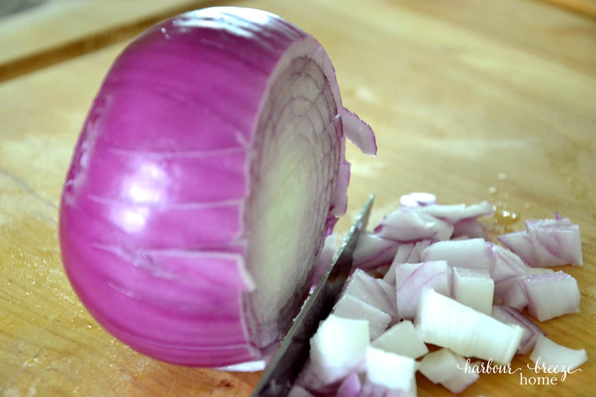 Red onion sliced into dices.