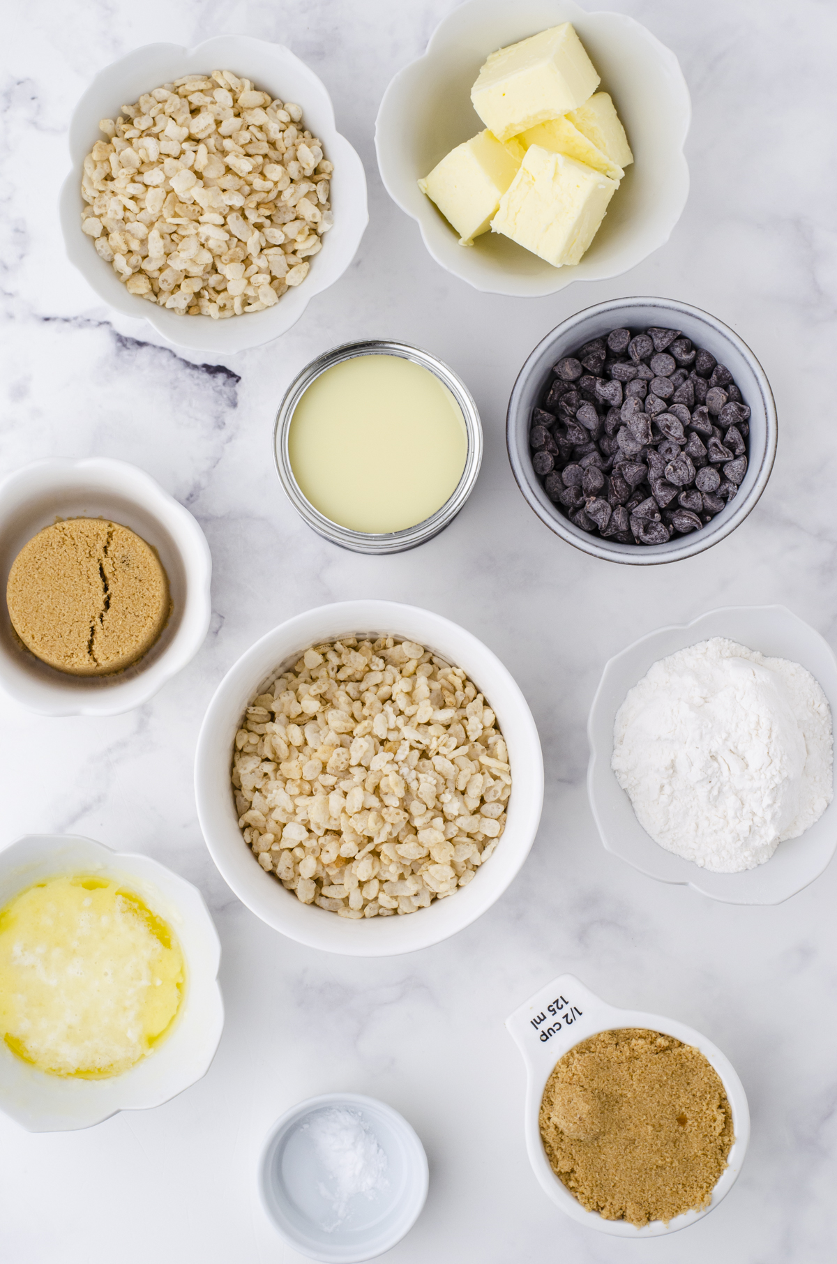 Ingredients for caramel bars with chocolate crispy rice topping