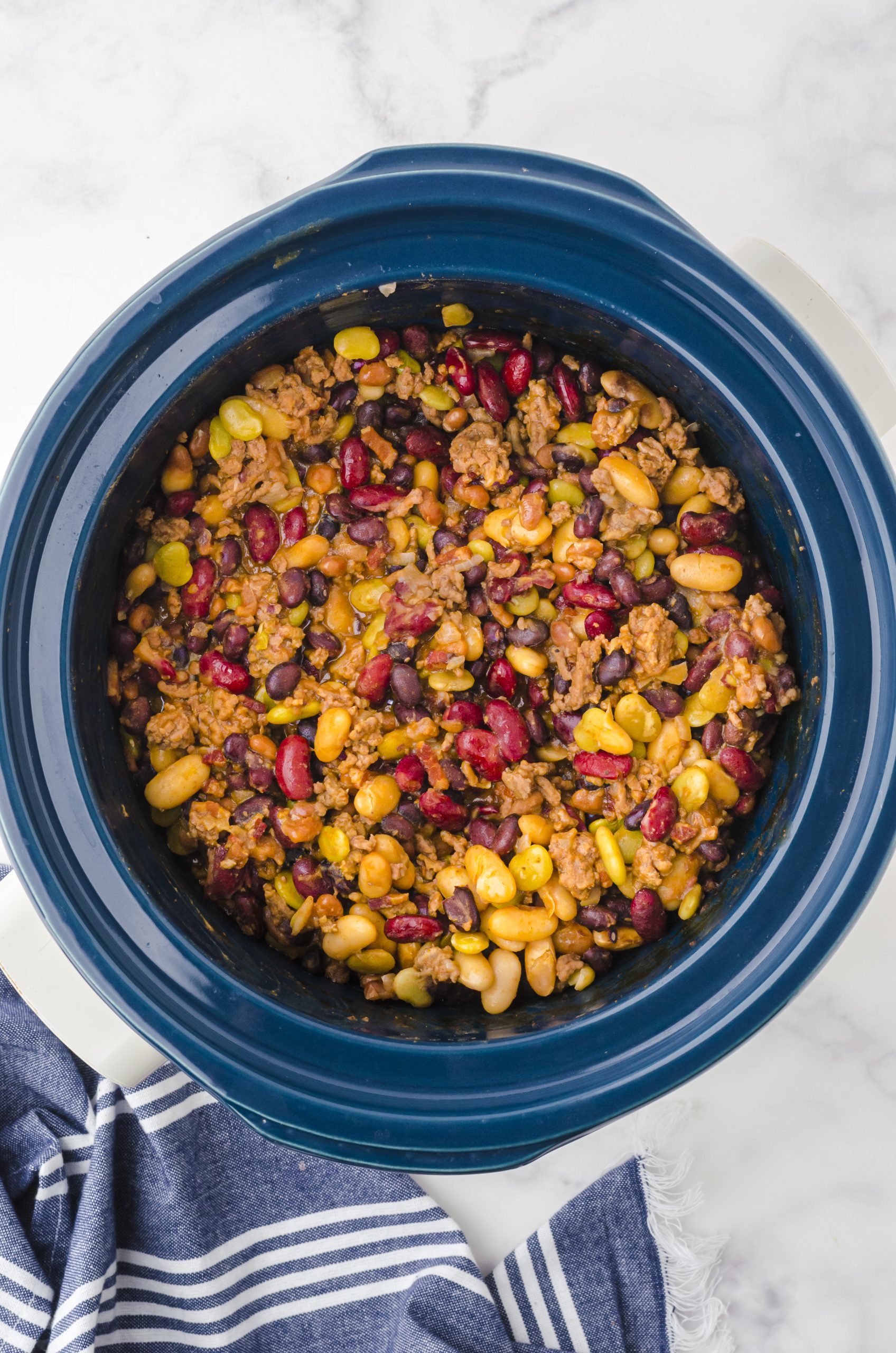 Crockpot baked beans after it is finished cooking.