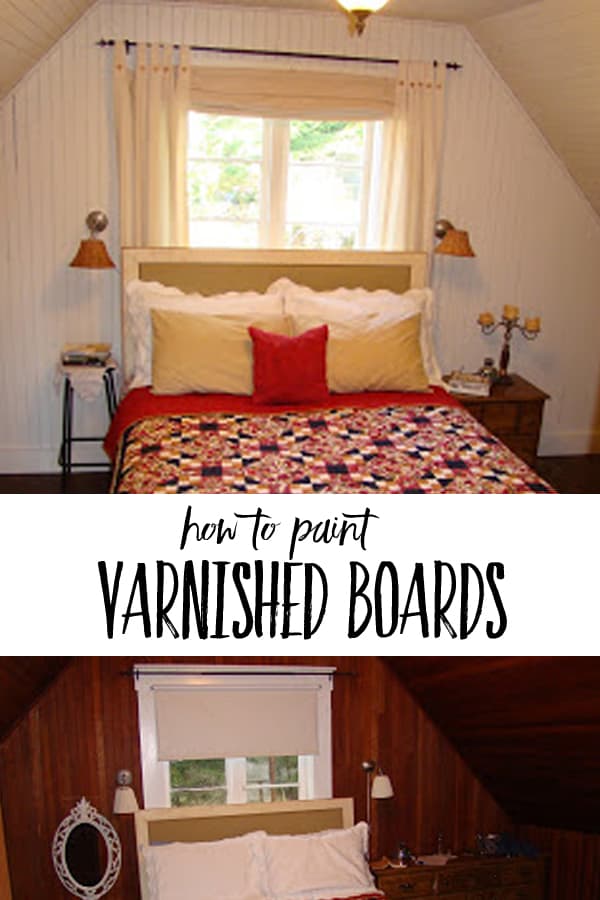 collage of a painted bedroom before and after | How to paint varnished boards white