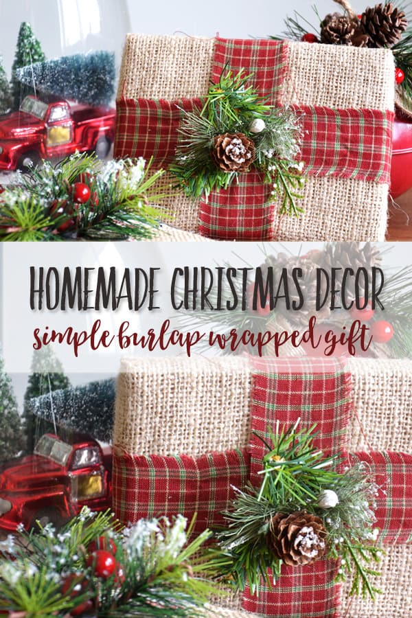 DIY Rustic Farmhouse Christmas Decor | This simple burlap wrapped gift project will add farmhouse style to your home ~ and is easy on the budget! Requiring only a few simple supplies, it is quick and easy to make. #christmasdecor #christamascrafts #christmas #farmhousechristmasdecor #farmhousedecor #hobbylobbystyle #hobbylobby #joannagaines