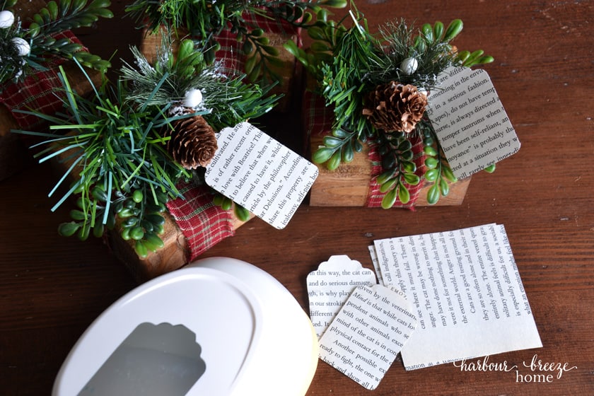 paper name tags punched out and placed on holiday placecard holders