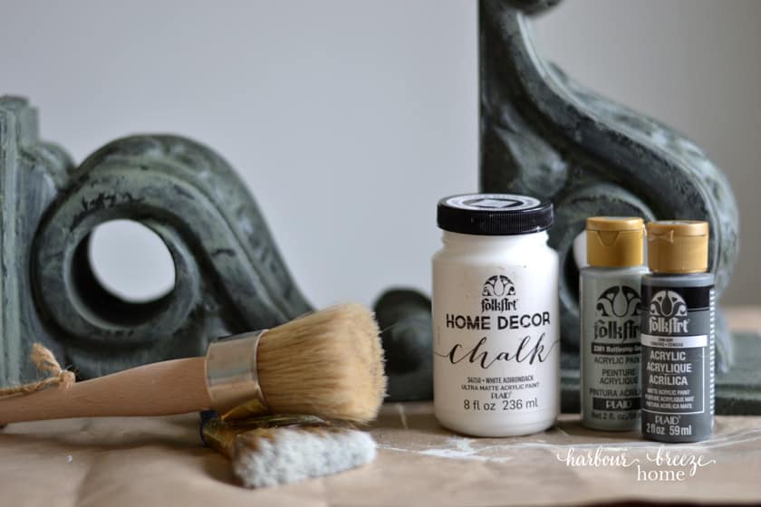 Supplies used to paint foam corbels in a farmhouse style