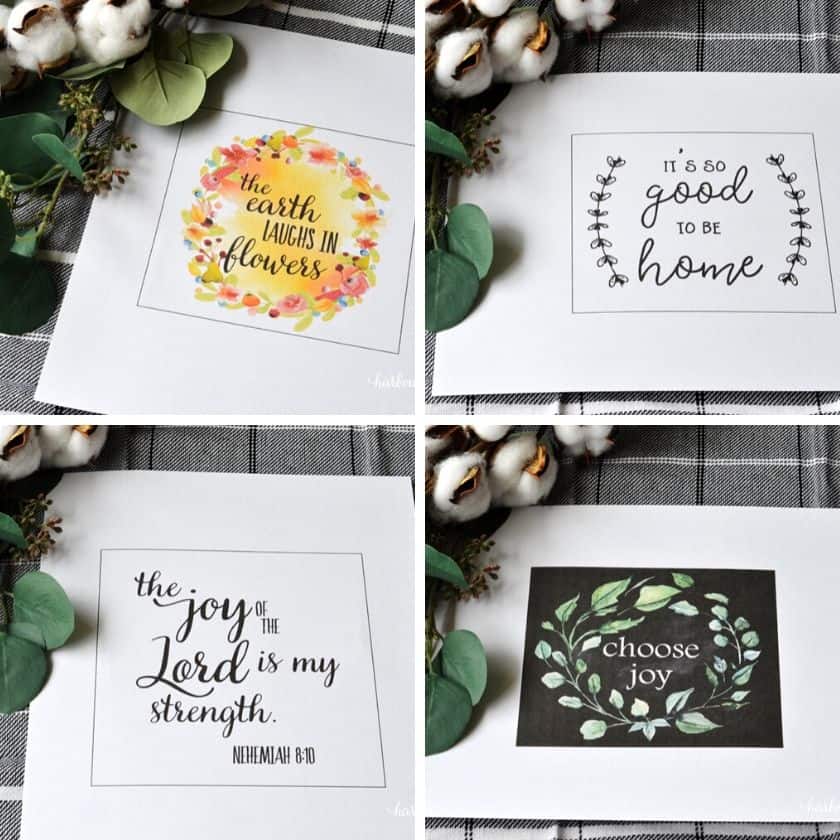Farmhouse Printable Art Signs that say "The Earth Laughs in Flowers", "It's so good to be home", "The Joy of the Lord is my strength", and "Choose Joy"
