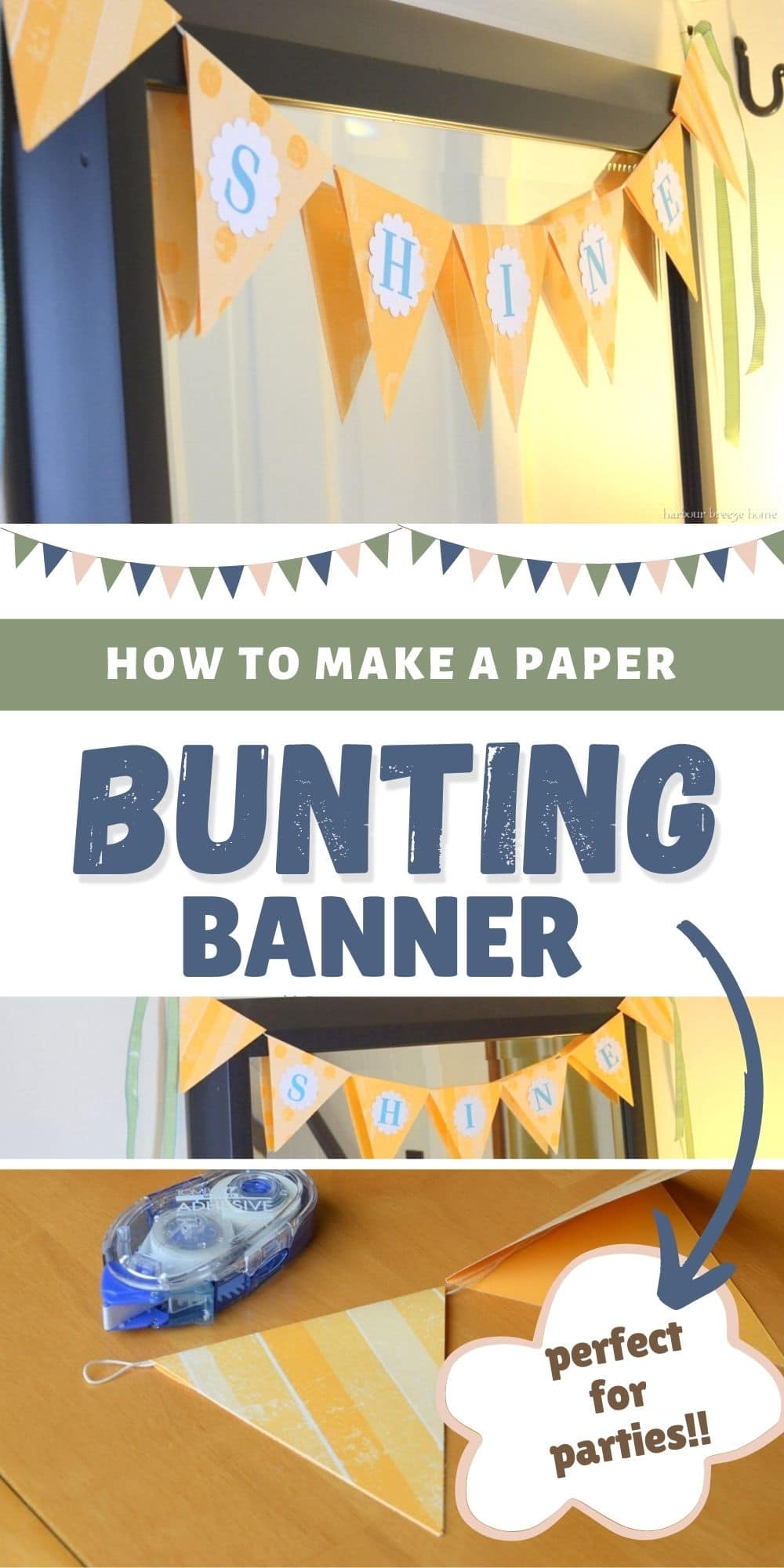 Collage of paper bunting with the text "how to make a paper bunting banner" on it.