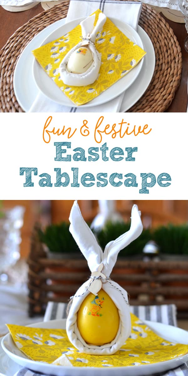 A bright and cheerful easter tablescape featuring bunny ear napins around a vintage egg candle.